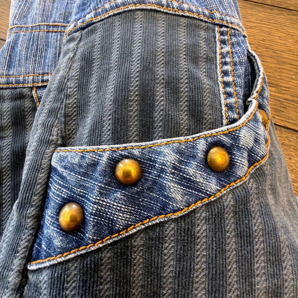 Shufa Blue Denim Striped Corduroy Studded Hooded Short Sleeve Jacket Size 42 - Picture 14 of 16